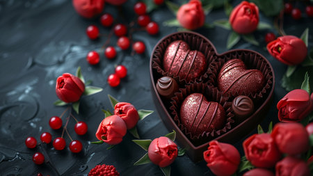 Chocolate candies in heart shape and red tulips on dark backgroundの素材