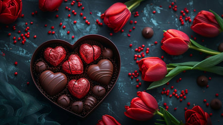 Chocolate candies in heart shaped box and red tulips on dark background. Valentines day backgroundの素材