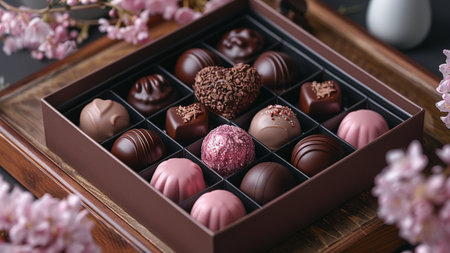 Box with delicious chocolate candies on table, closeup. Valentine's day celebrationの素材