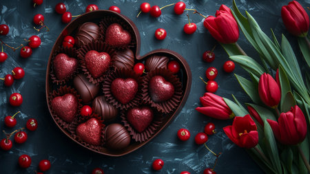 Chocolate candies in the shape of a heart and bouquet of red tulips on a blue background.の素材