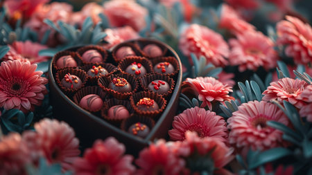 Chocolate candies in the shape of a heart on a background of flowersの素材