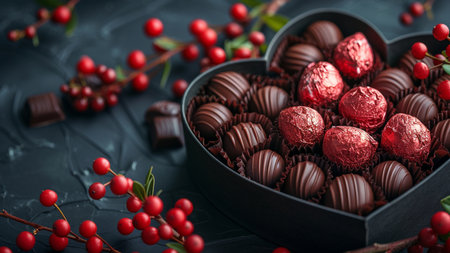 Box of chocolate candies with red berries on a dark background.の素材