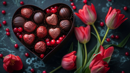Chocolate candies in heart shaped box and tulips on dark backgroundの素材