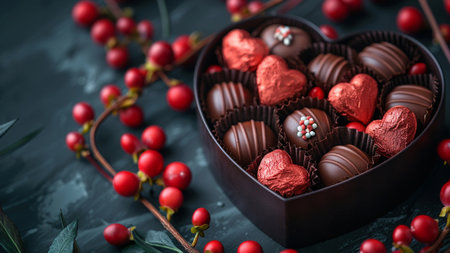 Heart shaped chocolate candies with red berries on a dark background.の素材