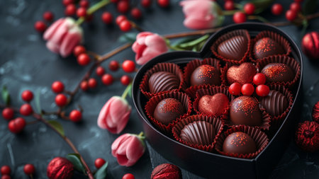 Chocolate candies in heart shaped box and pink tulips on dark backgroundの素材
