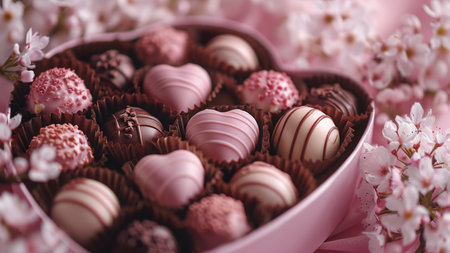 Heart-shaped box of chocolates with pink and white flowersの素材