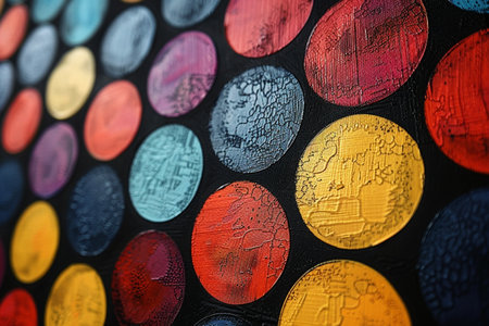 Colorful circles on the wall as background, closeup of photoの素材