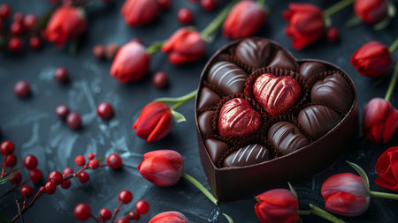 Chocolate candies in heart shape and red tulips on dark backgroundの素材