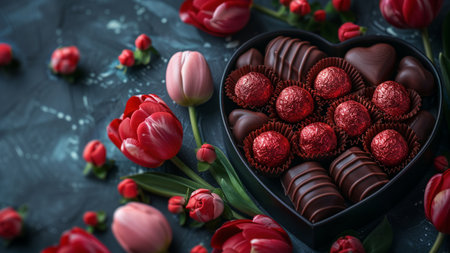 Heart shaped box of chocolates and tulips on dark backgroundの素材