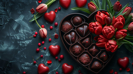 Chocolate candies in heart shape and red tulips on dark backgroundの素材