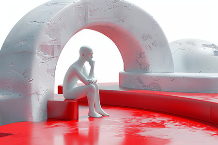 3d rendering of a man sitting on a red podium in a white roomの素材