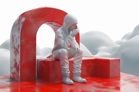 3D rendering of a female astronaut sitting on a red cube.の素材