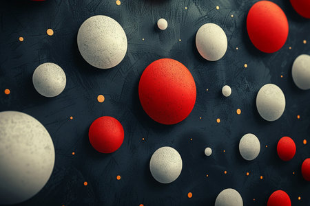 3d rendering of white and red balls on dark background. Space background.の素材