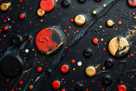 Abstract black and red background with circles and sequins. Top view.の素材