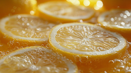 Slices of lemon in water with bubbles. Close up.の素材
