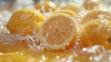 Lemon in water with bubbles and splashes, close-upの素材