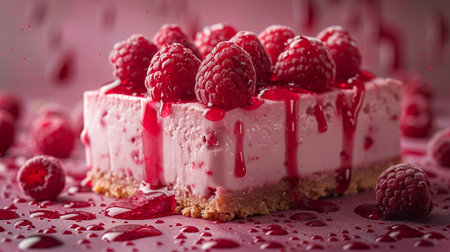 Piece of raspberry cheesecake with fresh raspberries, closeupの素材