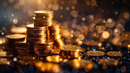 Stacks of gold coins on bokeh background, business and finance concept.の素材