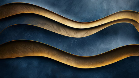 Abstract background with golden waves on blue textured paper. 3D illustrationの素材