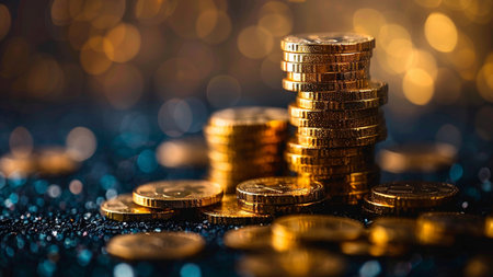 Stacks of gold coins on bokeh background, business and finance concept.の素材
