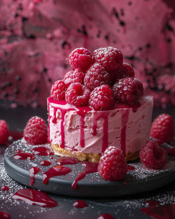 Piece of raspberry cake decorated with fresh raspberries, selective focusの素材