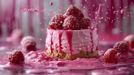 Piece of cake with raspberries and milk splash, closeupの素材