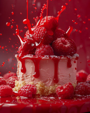 Piece of cake with raspberries and chocolate splashes on a red backgroundの素材