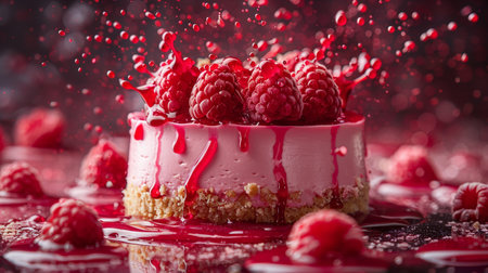 Piece of raspberry cake with falling raspberries on red backgroundの素材