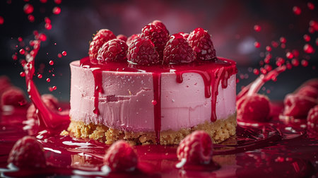 Delicious raspberry cheesecake with fresh raspberries on dark backgroundの素材