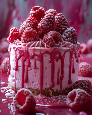 raspberry cake with cream and fresh raspberries on pink backgroundの素材