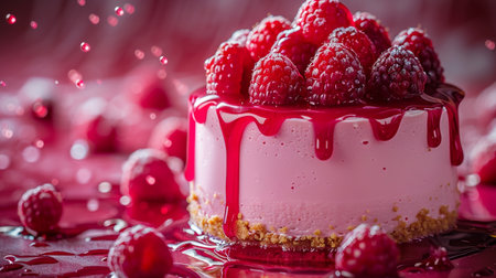 Piece of raspberry cake with fresh raspberries on red backgroundの素材