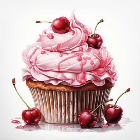 Cupcake with cherry isolated on white background. Vector illustration.の素材