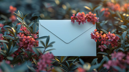 Envelope with flowers in the garden. 3d rendering.の素材