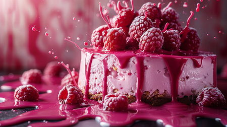 Piece of raspberry cheesecake with fresh raspberries, closeupの素材