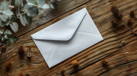 Envelope on a wooden background with eucalyptus branchesの素材