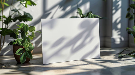 Blank white sheet of paper on the table with green plants. 3D renderingの素材