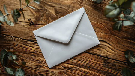 Envelopes on wooden background with eucalyptus leavesの素材