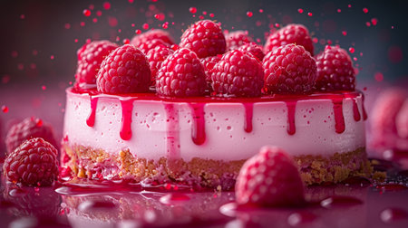 Delicious raspberry cheesecake with fresh raspberries, closeupの素材