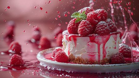 Raspberry cake with whipped cream and fresh raspberries on a red backgroundの素材