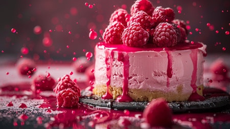 Piece of raspberry cake decorated with fresh raspberries on a dark backgroundの素材