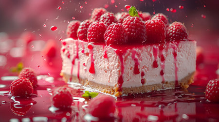 Piece of cheesecake with raspberries on a red backgroundの素材