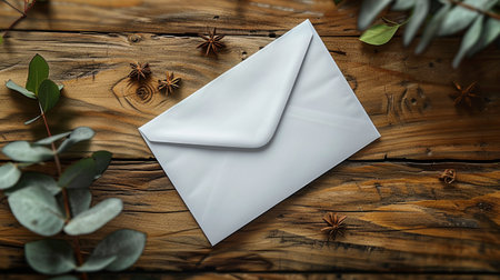 Envelope and eucalyptus leaves on wooden backgroundの素材