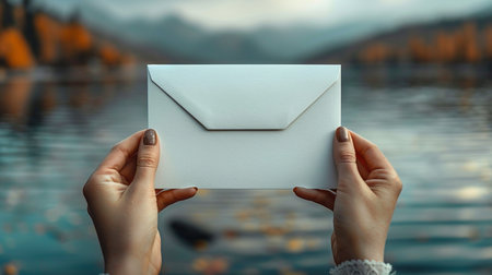 Female hands holding a white paper envelope on the background of the lakeの素材