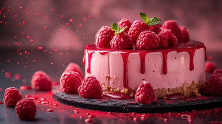 Delicious raspberry cheesecake with fresh raspberries on a black backgroundの素材