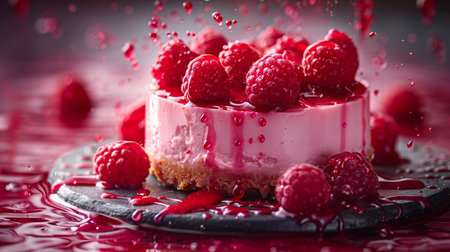 Piece of raspberry cheesecake with fresh raspberries, selective focusの素材