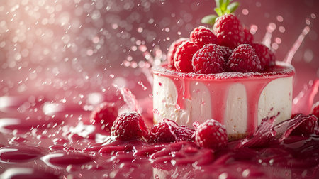 panna cotta with fresh raspberries on a red backgroundの素材