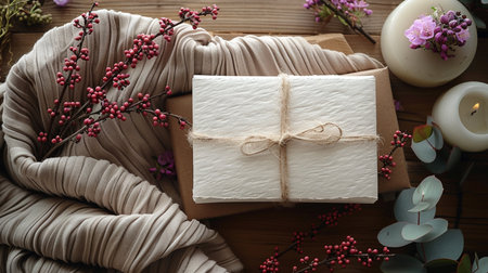 Gift box wrapped in craft paper and tied with twine on a wooden backgroundの素材