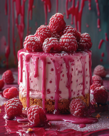 Piece of homemade raspberry cheesecake decorated with fresh raspberriesの素材