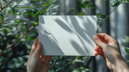 Female hands hold a white sheet of paper on a background of green plantsの素材