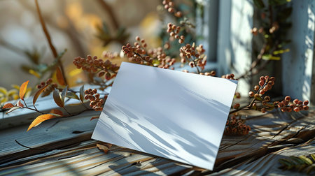 Blank card on wooden table near window. Mockup for designの素材